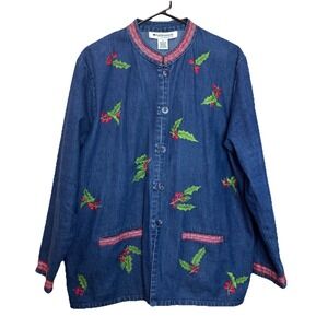 Holiday Themed Denim Jacket Christmas Holly Mistletoe Appleseed's Women's XL y2k